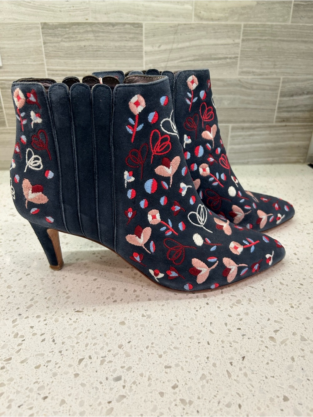 Boden Bridgewater Navy Suede Embroidered Floral Kitten Heel Ankle Boots, 39/8.5